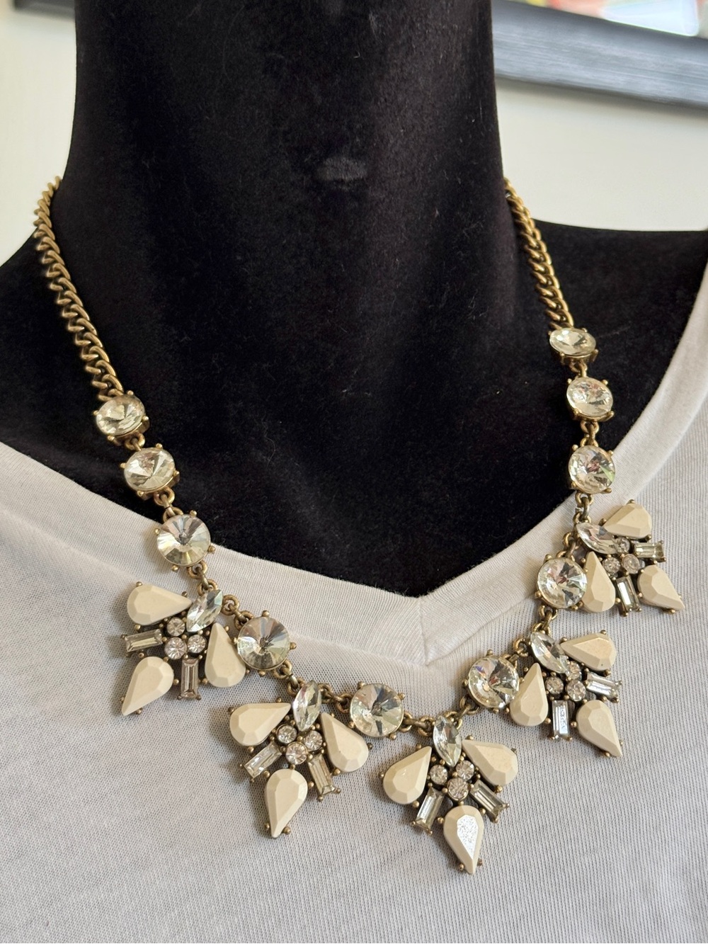 J. Crew Gold-Tone Crystal Rhinestone Statement Necklace with Cream Accents